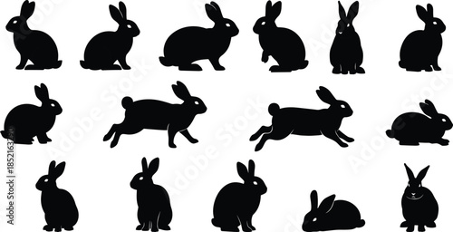 Collection of Black Rabbit Silhouettes in Various Poses bunny white background