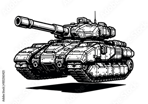 Tank in flat vector illustration, military machine, war vehicle, sketch style