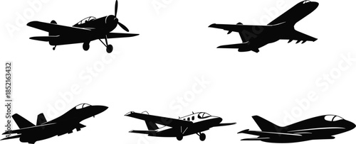 Collection of black airplane silhouettes on white background aircraft propeller plane
