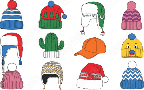 Collection of Twelve Diverse Winter Hats and Accessories beanies trapper hats