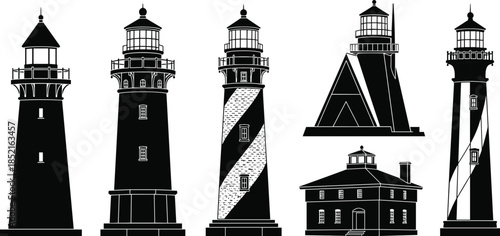 Collection of Black and White Lighthouse Silhouettes and Building beacon maritime