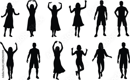 Diverse group of people silhouettes dancing and posing against white background vector