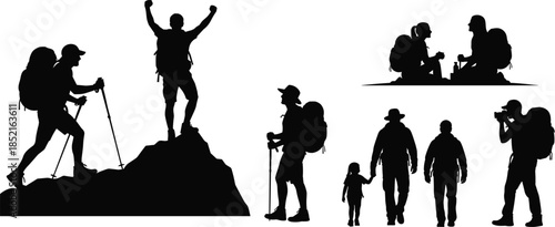 Diverse group of hikers and campers in silhouette against white background backpacker camping