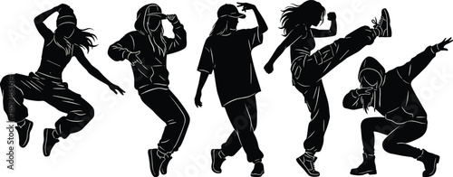 Five black silhouette dancers in dynamic poses on white background vector