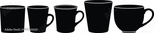 Five black silhouette mugs and glasses on white background drinkware beverage