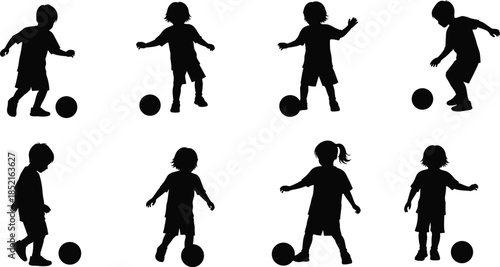 Eight black silhouettes of children playing soccer on a white background football