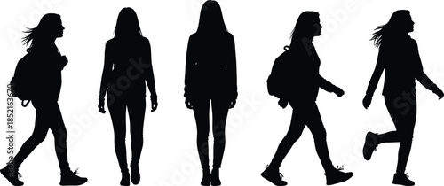 Five black silhouettes of women walking and standing with backpacks woman female