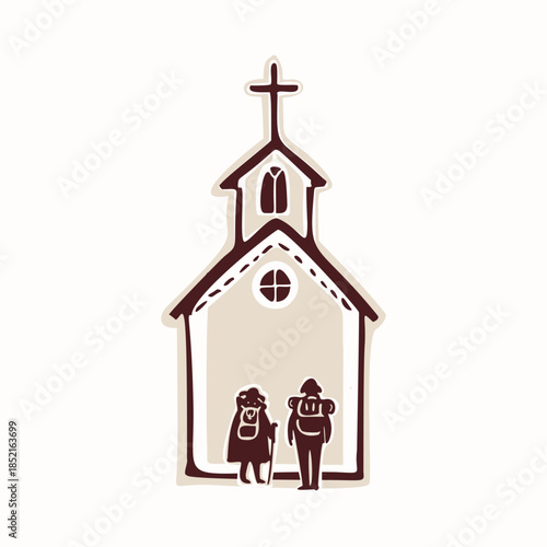 Camino Backpackers arriving at pilgrimage church. Hand drawn vector motif for st james way, camino ingles or canterbury pilgrims way. European chapel church for travel map and credential symbol stamp