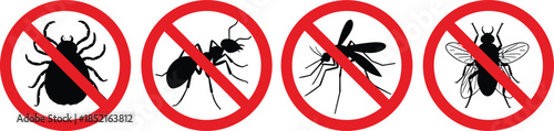 Four Red Circle Prohibition Signs With Insect Silhouettes mosquito