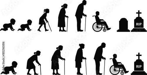 Human life cycle progression from infancy to old age and death aging birth