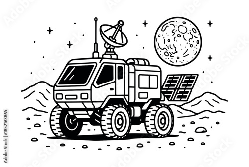 Lunar rover with satellite, moon and stars, flat vector illustration