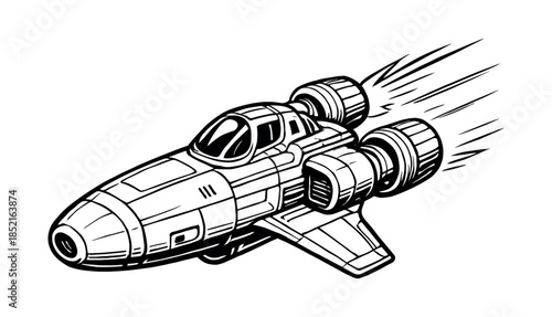 Spaceship, rocket, jet in space, flat vector illustration, cosmic exploration