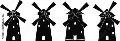 Four black silhouette windmills with four blades on white background vector