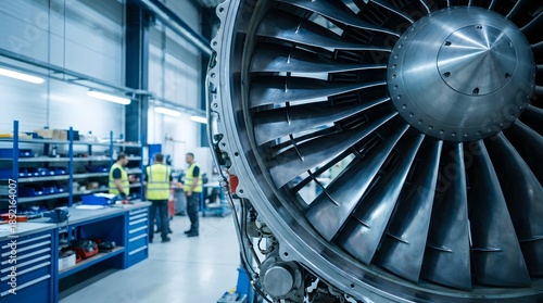 Close up of jet engine turbine blades in clean facility