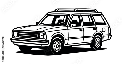 Vintage station wagon, flat vector illustration of retro car, black and white design