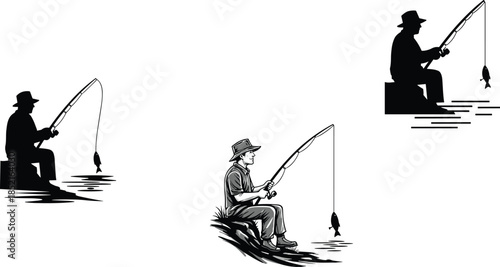 Man in hat fishing from shore with caught fish on line angler fisherman