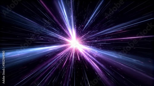 Vibrant purple and blue light rays exploding in space