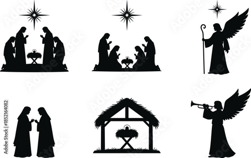 Nativity scene silhouettes with angels and star of Bethlehem christmas jesus