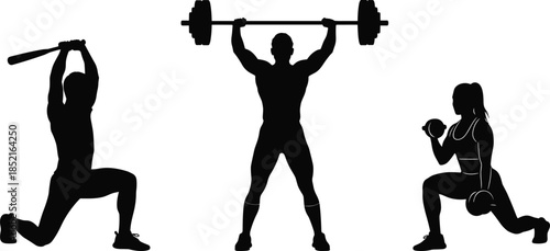 Silhouettes of people exercising with weights and baseball bat woman weightlifting