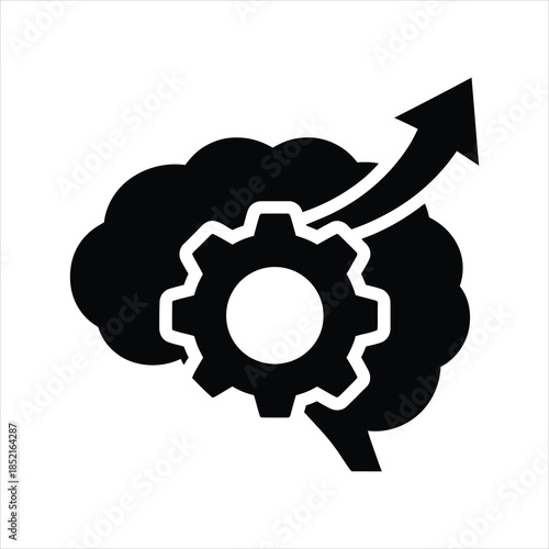 A vector icon featuring a brain with a gear and an upward-pointing arrow, representing innovation, skill development, or strategic thinking