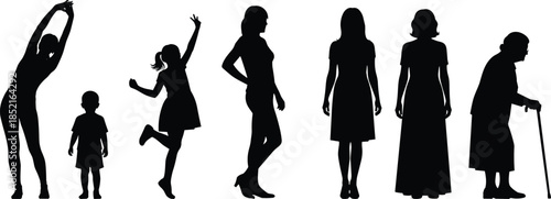 Silhouettes of people of different ages and genders in various poses group