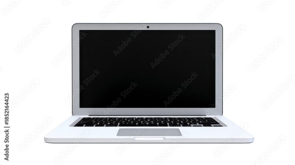 Fototapeta premium Laptop computer with blank screen, modern silver design, isolated on transparency background, technology device for office, education, or home workspace, minimal and clean appearance