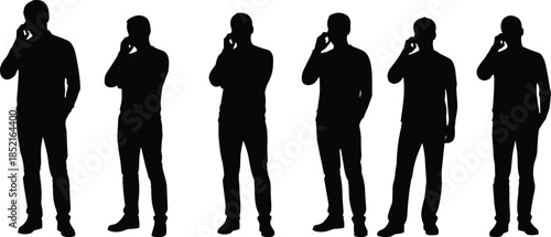 Six black male silhouettes talking on cell phones against white background person people