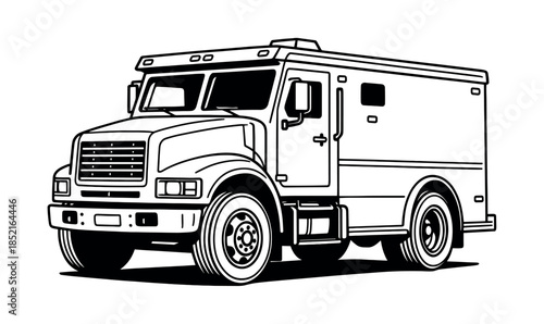 Armored truck in flat vector illustration, secure vehicle, protection, black and white