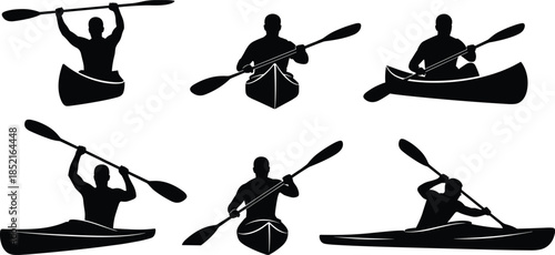 Six black silhouette figures in kayaks paddling on white background kayaking canoe