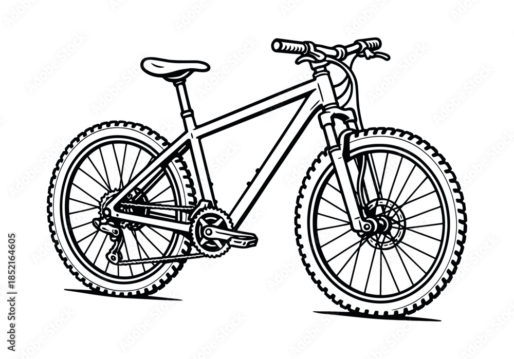 Fototapeta premium Mountain bike outline, cycling gear, black and white, flat vector illustration