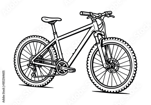 Mountain bike outline, cycling gear, black and white, flat vector illustration
