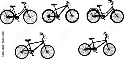 Six black bicycle silhouettes on white background bike