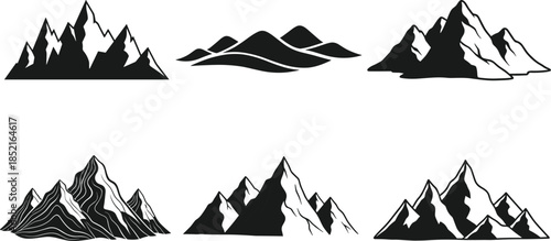 Six black and white mountain range graphic icons and silhouettes mountains peak
