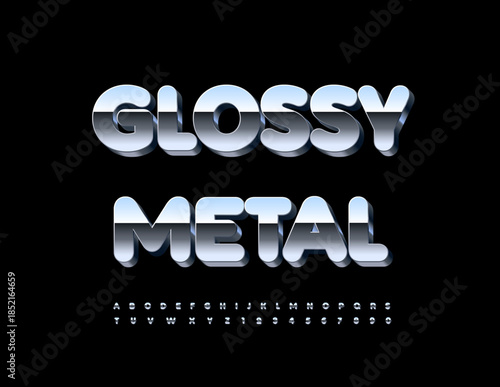 Vector Glossy Metallic Font. Shiny Silver 3D Alphabet Letters and Numbers set.