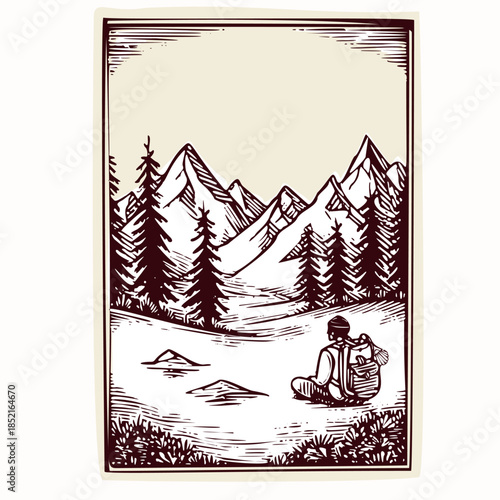 Iconic pilgrim resting in mountains scene motif for Santiago de Compostela camino pilgrimage road in Spain, Europe. Hand drawn black and white vector motif, isolated. For religious christian travel. 