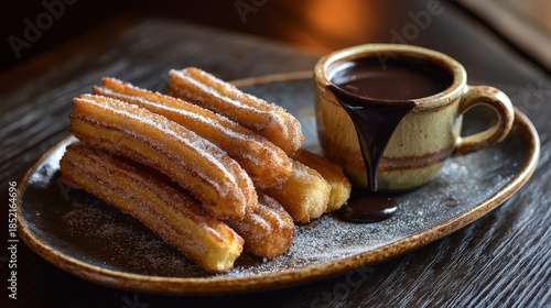 A plate of churros with chocolate sauce is on a wooden table. The churros are sprinkled with sugar and the sauce is drizzled over them. Concept of indulgence and enjoyment