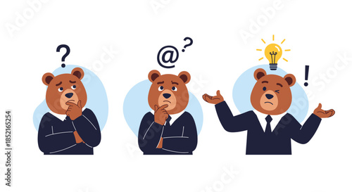 A bear in a suit pondering questions and then having a bright idea.