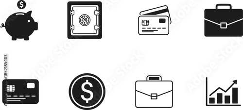 Piggy bank safe credit card briefcase coin and graph icons dollar coin vault