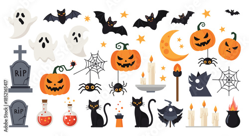 A spooky collection of pixel art elements for your halloween themed designs including ghosts bats pumpkins and more.