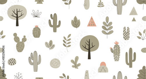 A charming seamless pattern of various desert plants and trees in muted earth tones.