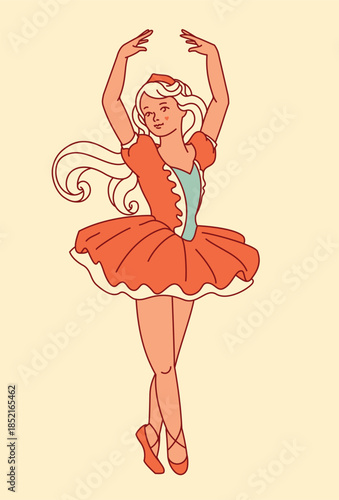 A graphic clip art illustration of a princess in a classical ballet dress. An elegant and isolated vector element for dance-themed designs.