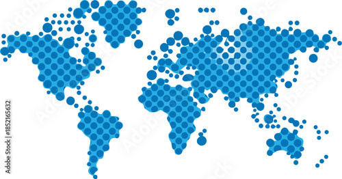 Abstract world map created with blue circles on transparent background global concept illustration