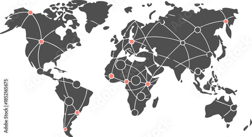 Stylized world map with interconnected global cities and transportation network on a dark background vector