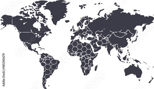 World map with hexagonal patterns overlaid on continents representing global connections and data vector