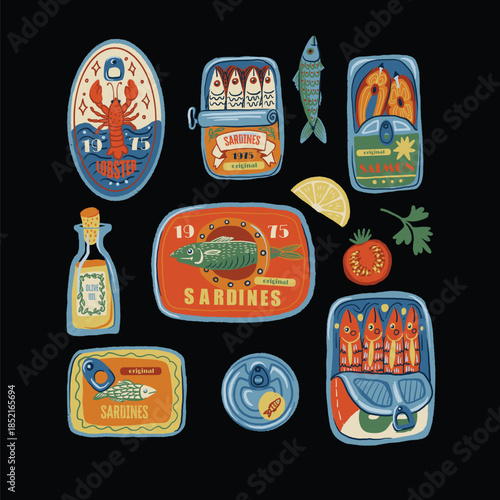 Sardina isolated vector pattern with vintage seafood cans fish oil lemons retro illustration