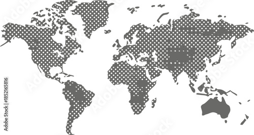 gray world map illustration formed by clusters of dots representing global connections and digital networks on transparent background