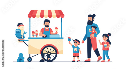 A father and his children enjoy a sweet treat from a friendly ice cream vendor on a sunny day.