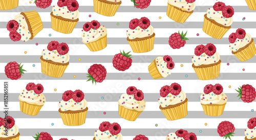 A sweet seamless pattern of delicious raspberry cupcakes on a striped background.