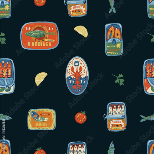Sardina seamless vector pattern with vintage seafood cans fish oil lemons retro illustration