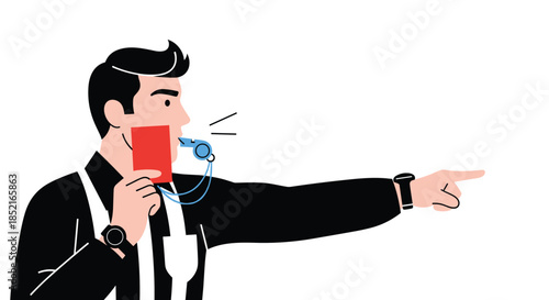 A referee shows a red card and blows a whistle while pointing in a game.